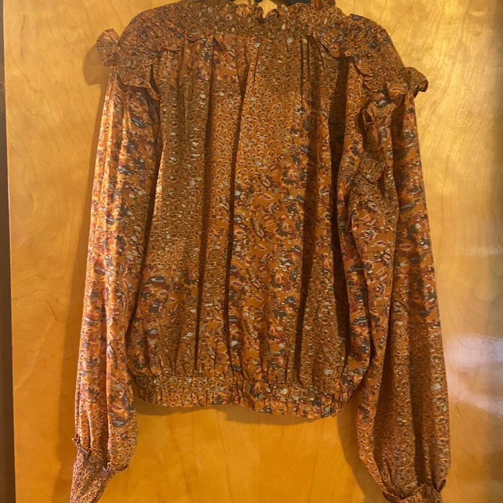 Orange Ruffled Long Sleeve Bib Collar Blouse